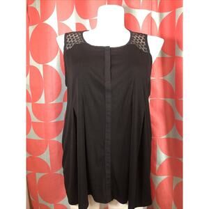 ELLE Black Tank Top Lace Sleeveless XL Button V Neck Pleated Long Flowy